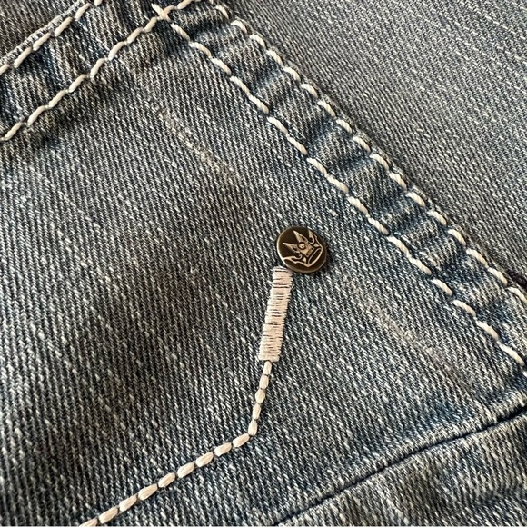 M. GORDON Jeans W34xL30 Distressed Holes Light Wash Stretch White Stitching - Picture 10 of 14